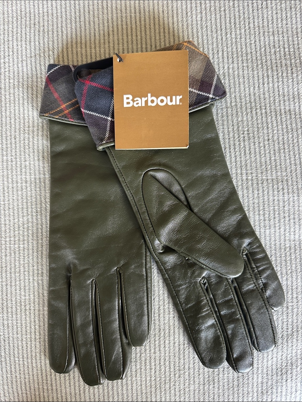 NWT Barbour Olive Leather Gloves with Tartan Cuff Detail